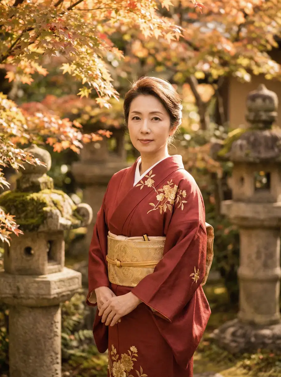 一位身穿暗红色和服的优雅 蓝莓tv 在日式庭院中