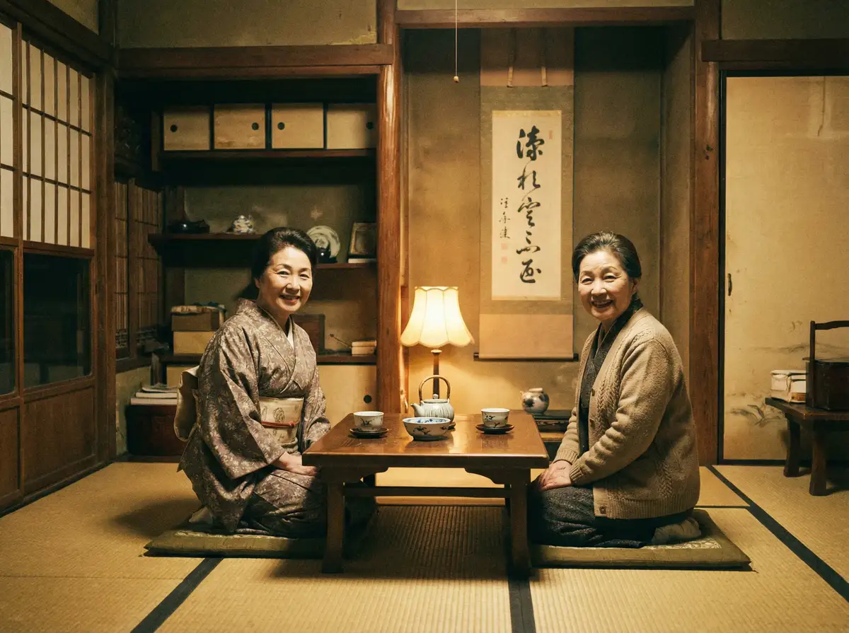 两位优雅的 蓝莓tv 在日式茶室中品茶交谈